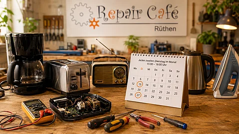 Tischkalender, Werkzeuge und kleine Elektrogeräte im Repair Café Rüthen