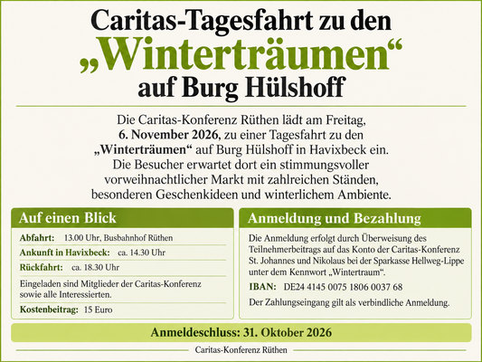 Flyer zur Caritas-Tagesfahrt zu den Winterträumen auf Burg Hülshoff am 6. November 2026