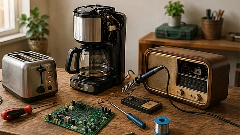 Werkbank mit Werkzeugen und geöffnetem Elektrogerät im Repair Café Rüthen