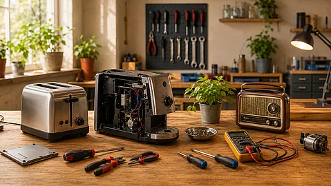 Geöffnete Kaffeemaschine, Werkzeuge und weitere Elektrogeräte im Repair Café Rüthen