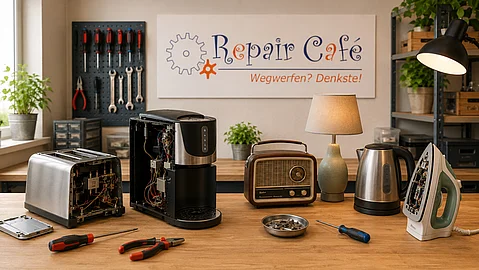 Kaffeemaschine, Toaster, Radio, Tischlampe, Wasserkocher und Bügeleisen im Repair Café Rüthen